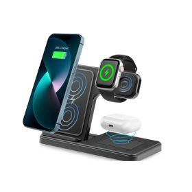 3 In 1 Magnetic Wireless Charger Stand 15W Fast Charging Dock Station Multiple Devices (Option: Black)